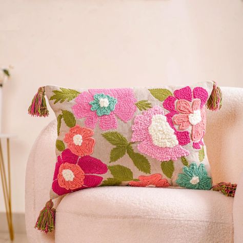 Explore floral elegance with our soft and breathable cushion covers. 🌸🌼😍 Why step outside your comfort zone when you can step right into it with your cushions? 🤭 Products included: 1. Spring Saga Embroidered Cushion Cover 20x14 Inch 2. Pink Lumbar Throw Cushion Cover With Tassels 20x12 Inch 3. Aqua Embroidered Cushion Cover Multicolour 16x16 Inch 4. Decorative Tufted Springtime Cushion Cover 16x16 Inch 5. Red Cushion Cover With Floral Embroidery 16x16 Inch 6. Ribbon And Punch Needle Embroi... Red Cushion Covers, Cushion Embroidery, Couch Cushion Covers, Clothes Embroidery Diy, Embroidered Throw Pillows, Diy Embroidery Designs, Embroidered Pillow Covers, Rich Fabric, Embroidered Cushions