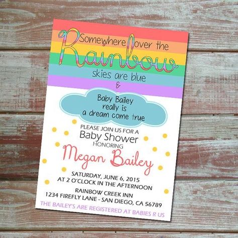 Rainbow Theme Baby Shower, Rainbow Baby Shower Theme, Rainbow Baby Announcement, Rainbow Baby Shower Invitations, Baby Shower Announcement, Somewhere Over The Rainbow, Rainbow Baby Shower, Rainbow Theme, Rainbow Party