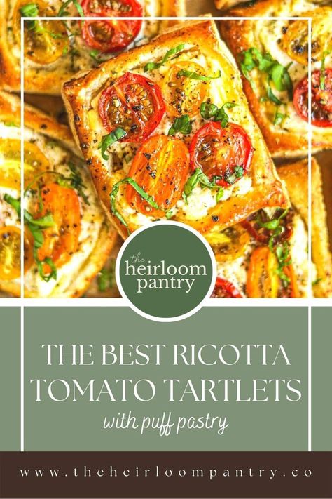 Tomato ricotta tartlets with golden puff pastry on a sheet of parchment paper. Tomato Tart Puff Pastry Pesto, Tomato Tartlets, Tomato Tart Puff Pastry, Sourdough French Toast, Scrambled Eggs With Cheese, Cheesy Appetizer, Dry Rose, Italian Herbs, Lemon Bread