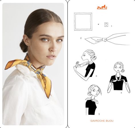 How to tie a scarf the Hermes way - Gavroche Bijou Hermes Scarf Tying, Tie A Scarf, Scarf Knots, Ways To Wear A Scarf, Twilly Scarf, How To Wear A Scarf, Scarf Outfit, Small Scarf, Stylish Scarves