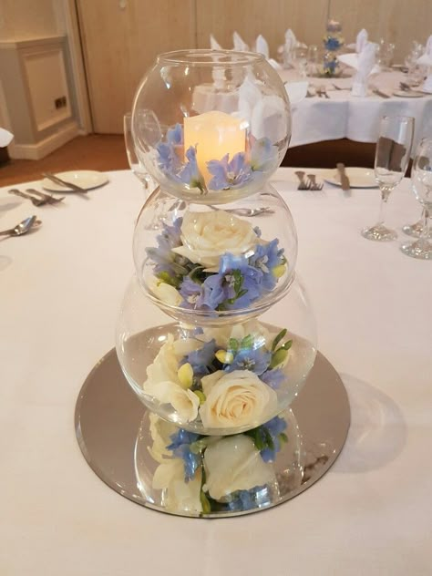 Ice Blue Wedding Centerpieces, Sky Blue Table Decorations, Light Blue Table Centerpieces, Light Blue Centerpieces Wedding, Light Blue And Gold Centerpieces, Blue And White Centerpieces For Party, Blue Party Centerpieces, Light Blue Centerpieces, Blue Butterfly Quince