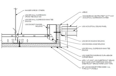 Design Details Details Page - DWSS Transition to ACT - Drywall Edge with MS125 Shadow Molding Detail - 2D Revit Ceiling Detail Drawing, Learning Architecture, Molding Detail, Detail Drawing, Gypsum Ceiling, Gypsum Board, Ceiling Detail, Detailed Drawings, Drywall