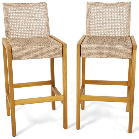 Tangkula Wicker Bar Stools Set of 2 Patio Chairs w/ Solid Wood Frame Ergonomic Footrest Light Brown Bar En Plein Air, Wood Barstools, Wicker Bar Stools, Bar Height Chairs, Rattan Bar Stools, Cozy Seats, Patio Bar Stools, Bar Patio, 30 Bar Stools