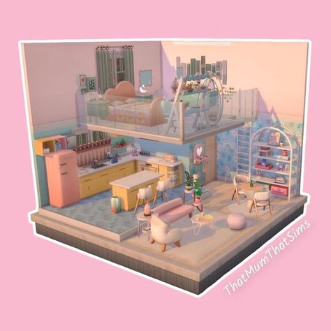 Pastel Pop Sims 4, Sims Pastel House, Pastel Pop Kit Sims 4, Sims 4 Pastel House, Pastel Academia Aesthetic, Sims Layout, Pastel Apartment, Sims4 Builds, Pastel Academia