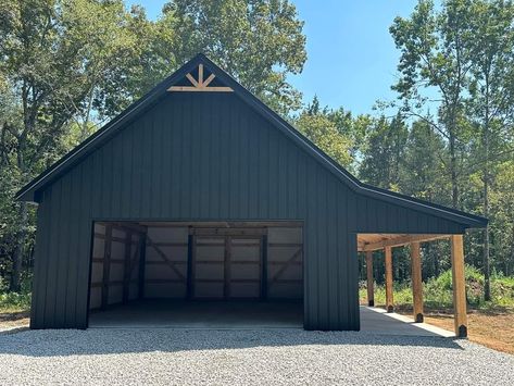 Steel Shop Building, Barndo Garage, Shop Garage, Metal Building Shop Ideas, Black Metal Garage Buildings, Garages Ideas, Metal Building Garage, Steel Shed Ideas, Black Metal Shop