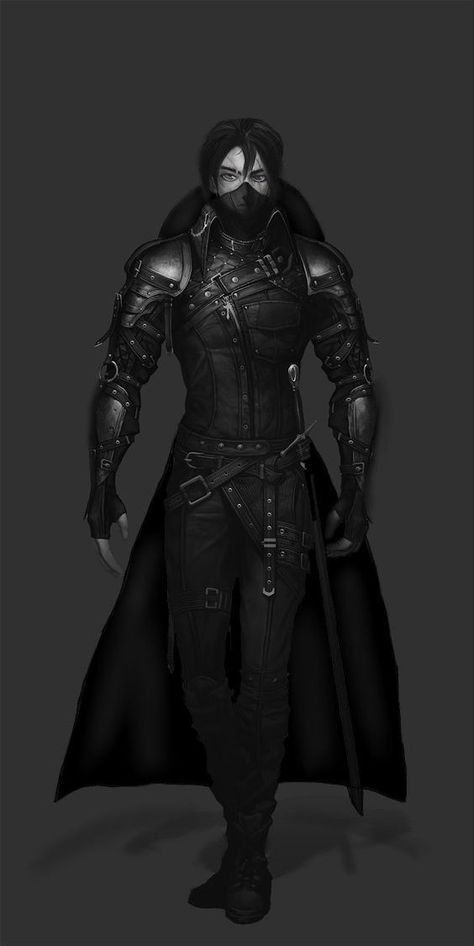 Black Battle Outfit, Black Villain Outfit Male, Male Warrior Outfit Design, Black Assassin Outfits Male, Black Robes Fantasy Male, Super Hero Costumes Design Male, Male Assassin Outfit, Black Armor Female, Super Hero Outfits Men