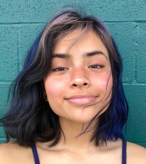 Blue Hair Tan Skin, Dyed Wavy Hair, Face Practice, Blue Black Hair, Dark Blue Hair, Haircuts Straight Hair, Face Photography, Tan Skin, Crystal Hair