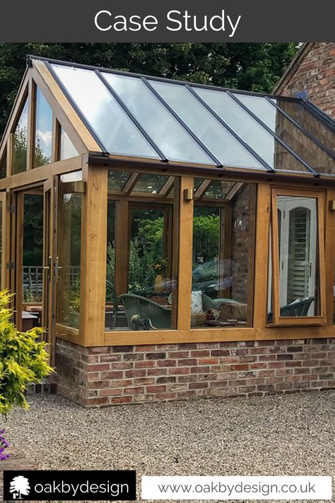 Replacing an old conservatory, this oak framed garden room with its glazed roof is so light and airy and a welcome addition to our clients home  #oakbydesign #oakgardenroom #bespokedesign #madeinyorkshire Oak Conservatory, Cottage Conservatory, Old Conservatory, Conservatory Lighting, Oak Framed Extensions, Garden Room Extensions, Oak Framed Buildings, Room Addition, Room Extensions