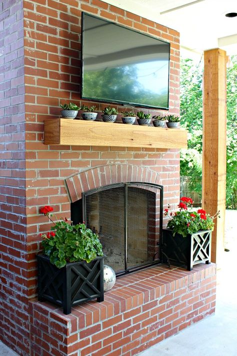 Succulent Bowls for Outdoor Mantel  ||  Mantel Decor for a Wall Mounted TV  ||  Dimples and Tangles Outdoor Mantel Decor, Outdoor Mantle Decor, Outdoor Fireplace Mantle, Fireplace Mantle Decor Ideas, How To Decorate A Fireplace Mantel, Backyard Revamp, Outdoor Mantel, Driftwood Creations, Dimples And Tangles