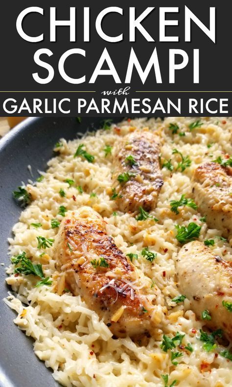 Aug 3, 2020 - A quick and easy skillet meal with tender chicken scampi over perfectly cooked buttery, garlic parmesan rice. Garlic Parmesan Rice, Parmesan Rice, Chicken Scampi, Easy Skillet Meals, Easy Skillet, Diner Recept, Fettuccine Alfredo, Tender Chicken, Think Food