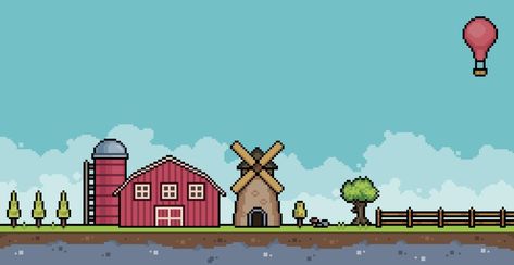 Pixel Game Background Landscapes, Farm Pixel Art, Wallpaper Pixel, 8 Bit Game, Fence Trees, Farm Landscape, 8 Bits, Game Background, Wallpaper Art