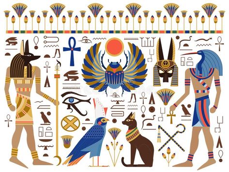 Flat Ancient Egyptian Symbols and Gods Set. Egypt mythology set with egyptian gods, symbols and hieroglyphs. Including Bast, Horus, Anubis, Thoth, sacred winged vector illustration Egyptian Wall Art, Egypt Design, Egyptian Pattern, Egyptian Painting, Ancient Egyptian Symbols, Ancient Egypt History, Egyptian Design, Egypt Tattoo, Ancient Egypt Art