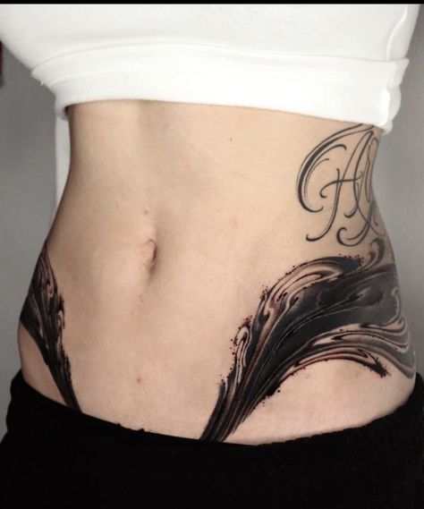 Symmetrical Waist Tattoo, Stomach Symmetrical Tattoos, Hip Tattoo Cover Up, Symmetric Tattoo Hip, Neotribal Tattoo Design Stomach, Abstract Stomach Tattoo, Symmetrical Stomach Tattoo, Lower Stomach Tattoo, Symmetrical Hip Tattoos