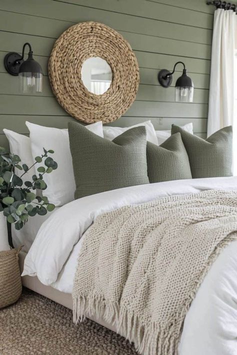 30  Sage Green Bedrooms That Bring Ultimate Relaxation Light Sage And Cream Bedroom, Green Bedroom Pictures, Bedroom With Forest Green Accents, Tan And Sage Green Bedroom, Guest Room Green Accent, Seafoam Green Decor, Sage Green And Beige Bedroom Ideas, Cream Bedding With Green Accents, Serene Green Bedroom