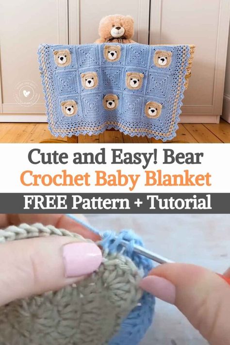 We really love crocheting baby blankets and whether you want to make this blanket for your own baby, gift it to someone else, or donate it to charity, you're sure to enjoy this fun crochet project! It's also easy and doesn't take long to work. After the blanket is finished, you can lock it using steam from your iron. This bear crochet baby blanket is part of a baby set. There's a baby onesie, matching baby booties, a bear rattle/teether, and a cute pixie hat. They are all quick and... Teddy Bear Baby Blanket Crochet Pattern, Crochet Baby Blanket Bear, Crocheting Baby Blankets, Crochet Teddy Bear Blanket, Quick Crochet Baby Blanket, Crochet Baby Blanket Free Pattern Boy, Crochet Patterns Free Baby Boy, Teddy Bear Baby Blanket, Boy Crochet Patterns