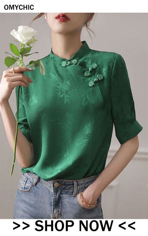 Vintage Green Mandarin Collar Jacquard Oriental Button Silk Shirt Tops Short Sleeve Sleeves Pattern For Kurtis, Mandarin Collar Shirt Women, Mandarin Collar Blouse, Plus Size Wide Leg Pants, Ladies Trouser Suits, Plus Size Street Style, Fashion Nova Plus Size, Kurtis Tops, Mandarin Collar Shirt