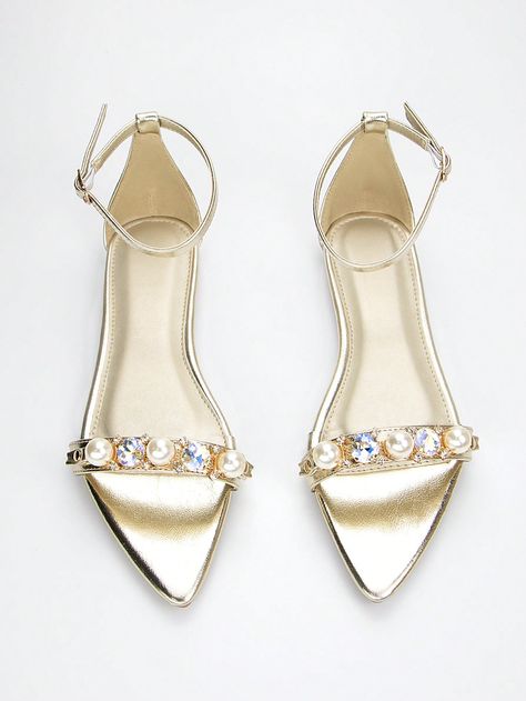 Women Elegant Feng Shui Diamond Pearl Chain Decoration Light Gold Fabric Pointed Toe Ankle Strap Flat Sandals For Daily Wear And PartiesI discovered amazing products on SHEIN.com, come check them out! Elegant Shoes Flat, Ankle Strap Sandals Flat, Elegant Flats, Pointed Flats, Ankle Strap Flats, Gold Fabric, Womens Sandals Flat, Pearl Chain, Ankle Strap Sandals