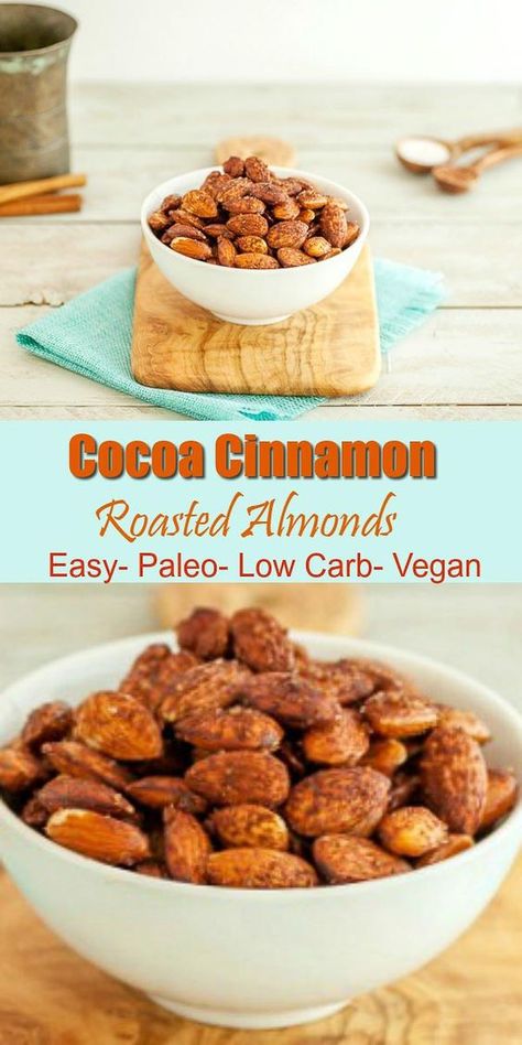 Cocoa Cinnamon Roasted Almonds - Easy to make, paleo, low carb & vegan~ use sprouted almonds for good digestion! :) Cinnamon Roasted Almonds, Paleo Low Carb, Low Carb Treats, Nut Recipes, Low Carb Sweets, Recetas Keto, Low Carb Vegan, Low Carb Eating, Paleo Snacks