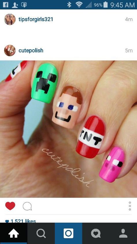 Minecraft Nails, Mc Nails, Crazy Nail Art, Funky Nail Art, Nails Easy, Nail Art Designs Diy, Crazy Nails, Nails For Kids, Diy Nail Art