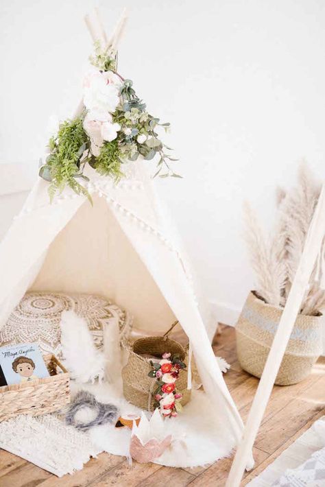 Boho Tent from a Dreamy Bohemian Party for Kids on Kara's Party Ideas | KarasPartyIdeas.com (13) Kids Tent Decoration Ideas, Bohemian Party Decorations, Boho Teepee, Boho Tent, Sleepover Tents, Tent Ideas, Diy Teepee, Bohemian Weddings, Boho Birthday Party