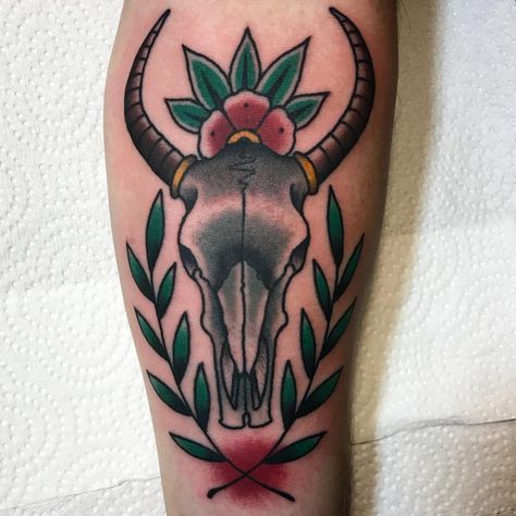 Bull skull i tattooed on @c_bisc yesterday. Thanks man Cow Skull Shin Tattoo, Punisher Skull Tattoo, Cow Skull Tattoos, Bull Skull Tattoos, Cowgirl Tattoos, Shin Tattoo, Cross Tattoos For Women, Cerave Moisturizing Cream, Bull Tattoos