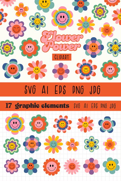 How To Draw Retro Flowers, 60s Clipart, Groovy Flowers, 70s Flower Design, Flower Smiley, Groovy Clipart, Retro Flower Svg, Groovy Flowers Background, Bullet Planner