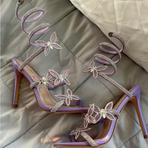 Purple/Lavender, Silver Butterflies And Rhinestone, Size 10 Women’s Purple Sweet 16 Dresses Butterfly, Light Purple Heels Quinceanera, Purple And Gold Shoes, Sweet Sixteen Party Ideas Purple, Prom Shoes Purple, Silver Butterfly Heels, Rapunzel Heels, Purple Heels Aesthetic, Purple Butterfly Heels