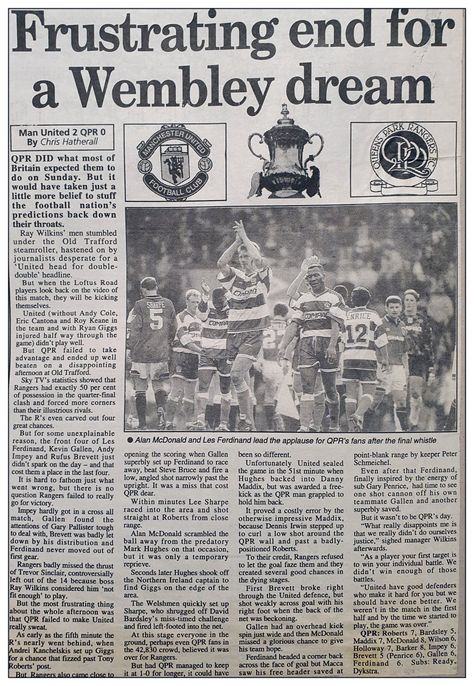 Man Utd 2 QPR 0 in March 1995 at Old Trafford. Report from a newspaper on the FA Cup 6th Round tie. Frame Newspaper Article, Old Newspaper Template, Andy Cole, Football Newspaper, Man Utd Crest, Famous Newspaper Front Pages, 19th Century Newspaper, Queens Park Rangers, Park Ranger