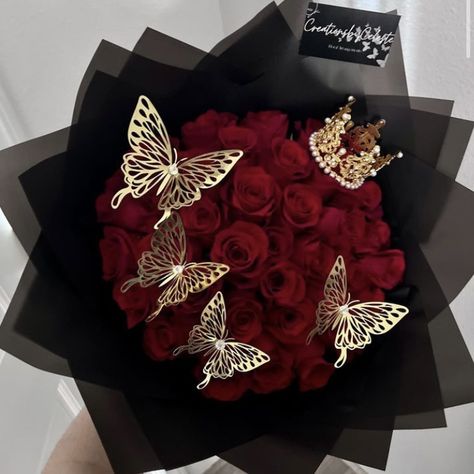 Red Black Gold Bouquet, Red And Gold Flower Bouquet, Red And Black Bouquets, Black And Gold Bouquet, Red Roses Bouquet, Ribbon Rose Bouquets, Roses Bouquet Gift, Ribbon Flowers Bouquet, Black Bouquet