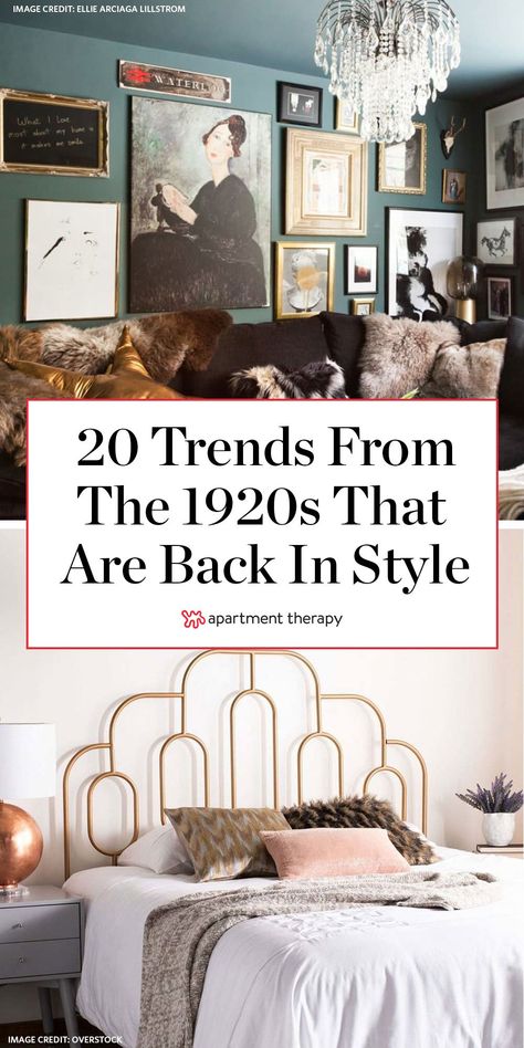 Filled with luxurious fabrics, sharp lines, mixed metallics, and rich color palettes, Art Deco style decor is both glamorous and eclectic. No surprise then that these decor trends are making a comeback. #artdeco #1920s #vintage #designtrends #decortrends #artdecodecor #1920sdecor #antiques #nostalgiadecor #decorideas 1920s Bedroom Decor Vintage, Art Deco Ikea, 1920s Style Bedroom, Art Deco Era Interior Design, Roaring 20s Home Decor, Art Deco Wardrobe Furniture, Gatsby Inspired Bedroom, 1920s Furniture Interior Design, 1920 Bedroom Ideas 1920s