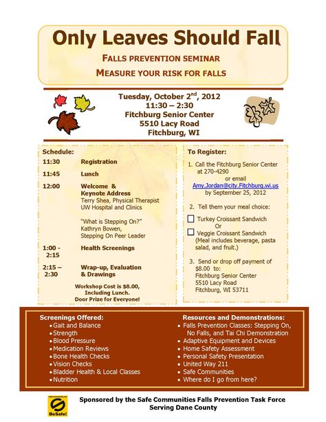 Falls Prevention Seminar on October 2nd! Fall Prevention Nursing Home, Fall Prevention Awareness, Nurse Education, Hospital Ideas, Fall Risk, Fall Bulletin Boards, Group Ideas, Nursing Education, Fall Prevention