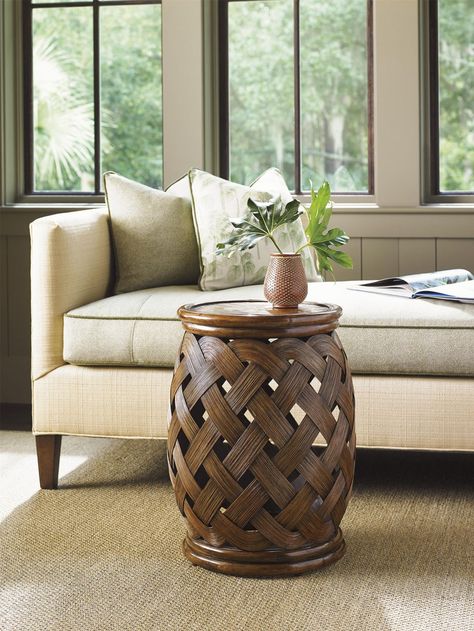 You can add a little Caribbean flavor to your home with a small, round, woven coffee table. The Bali Hai Hibiscus Round Accent Table by Tommy Bahama Home is the perfect spot to rest your beverage. Tommy Bahama Decor, Bali Hai, Tommy Bahama Furniture, Tommy Bahama Home, Lexington Home, Round Accent Table, Rattan Coffee Table, Sea Island, Chair Side Table