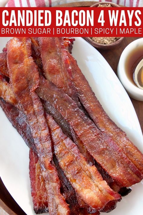 Candied bacon is the perfect sweet and salty snack, or a delicious addition to sandwiches! It's easy to make traditional candied bacon with brown sugar, or switch it up to make candied maple bacon, bourbon bacon or spicy candied bacon with sriracha. This recipe can be cooked in the oven or air fryer. Candied bacon is always a hit, which is why it's garnered nicknames like "man candy" and "million dollar bacon". Candied Bacon Twists, British Dessert Recipes, Bacon With Brown Sugar, Million Dollar Bacon, Candied Bacon Recipe, Easy Bacon Recipes, Blueberry Cream Cheese Muffins, Bourbon Bacon, Snack Easy