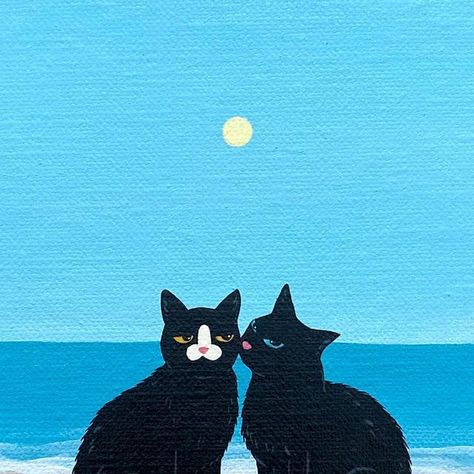 2 Cats Painting, Two Cats Painting, Matching Painting Ideas, Lovely Text, Cats Wedding, Cats In Love, Cat Couple, Cat Wedding, Black Cat Art