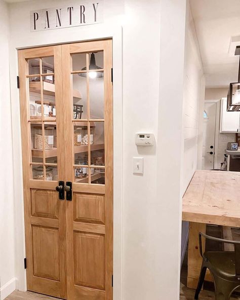 Light Wood Double Doors for Small Pantry - Soul & Lane Pantry Doors With Glass Panels, Light Wood Floating Shelves, Double Pantry Doors, Wood Double Doors, Pantry Light, Small Walk In Pantry, Double Pantry, Walk In Pantry Ideas, Doors With Glass Panels