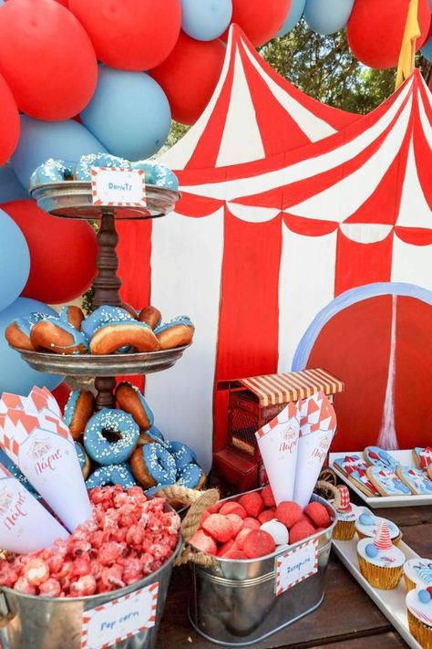 Check out this fun circus baby shower! The party food looks a amazing!! See more party ideas and share yours at CatchMyParty.com Circus Theme Strawberries, Circus Dessert Table, Carnival Theme Baby Shower Ideas, Carnival Food Ideas Party, Circus Food Ideas, Circus Theme Party Food, Carnival Dessert Table, Circus Party Food, Circus Baby Shower Theme