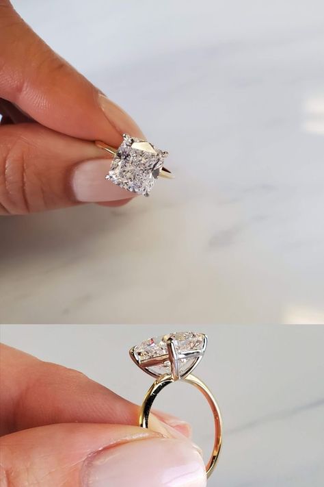 Cushion Cut Engagement Ring Setting, Slim Band Engagement Ring, Square Ring Gold Band, Gold Band Engagement Rings Square, Solitaire Engagement Ring Square, Square Diamond Gold Band Engagement Ring, Cushion Engagement Ring Gold Band, Engagement Ring Setting Types, Solid Band Engagement Ring