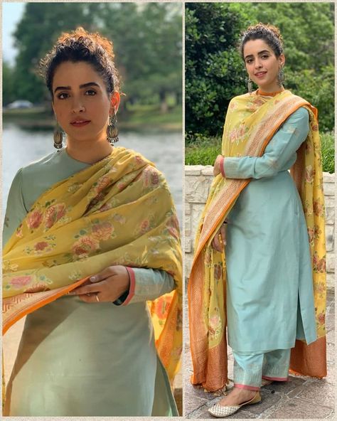 @sanyamalhotra_ in @ekayabanaras Styled by @shnoy09 . . #actress #Bollywood #indianbride #indianwear #indianweddings #indianfashion… Suits Designs Indian Style, Suit Designs Indian Style, Banarsi Dupatta, Plain Suit, Pakistani Mehndi, Silk Kurti Designs, Mehndi Dress, Sanya Malhotra, Instagram Add