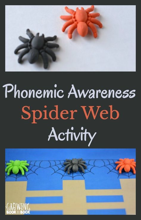 Phonemic awareness activity to work on segmenting with a spider theme twist. Includes a free printable to use for the activity. Phonological Awareness Activities Prek, Phonemic Awareness Manipulatives, Phonemic Awareness Activities First, Halloween Phonemic Awareness Activities, Phonological Awareness Games, Kindergarten Phonemic Awareness Activity, Elkonin Boxes, Halloween Theme Preschool, Oral Language Activities