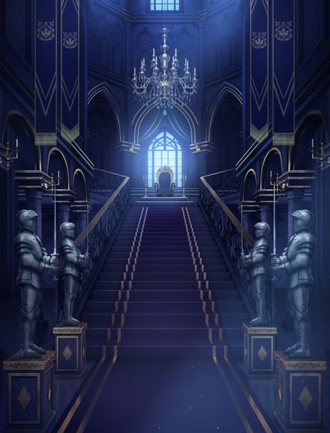 Ikemen Prince | Background | Obsidian Throne Room - Day Time Blue Throne Room Fantasy Art, Anime Throne Room, Gacha Throne Background, Ffxv Background, Dark Throne Room Fantasy Art, Fantasy Castle Throne Room, Blue Castle Interior, Medieval Fantasy Setting, Dragon Throne Room