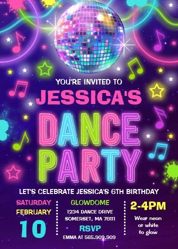 Glow Dance Party, Neon Dance Party, Glow Dance, Trampoline Party, Dance Party Invitations, Dance Party Birthday, Skate Party, Kids Birthday Party Invitations, Disco Dance