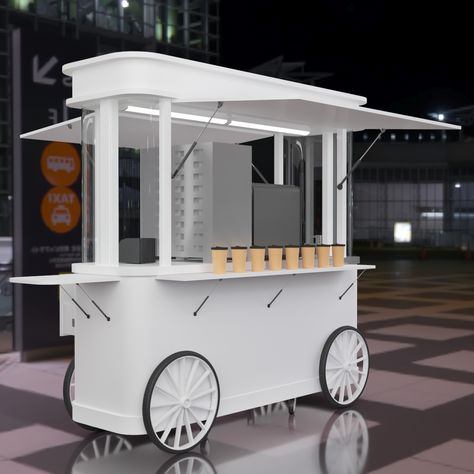 Stainless steel coffee cart mobile drink trolley used on street Mobile Concession Stands, Coffee Trolley, Outdoor Kiosk, Drink Trolley, Concession Stand Food, Trolley Design, Coffee Booth, Mobile Kiosk, Mobile Coffee Cart