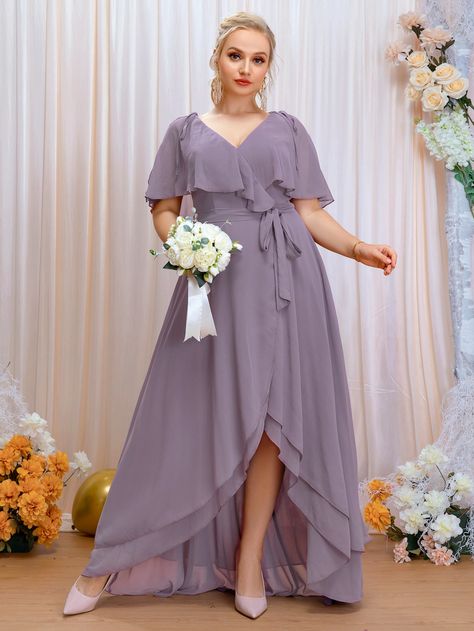 Mauve Purple Romantic  Short Sleeve Chiffon Plain A Line Embellished Non-Stretch All Weddings & Events Chiffon Bridesmaid Dresses, Chiffon Bridesmaid, Evening Party, Square Neck, Floor Length, Red Carpet, Bridesmaid Dresses, Chiffon, Carpet