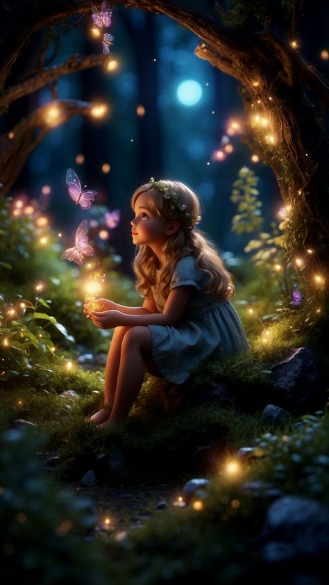 fairy forest in the middle of the night, glowing little fairy, lay summer, night, scenery Glowing Butterfly, Forest Fairies, Happy Night, Land Girls, Girly Dp, Fairy Forest, Art Painting Tools, Beautiful Fairy, Fairy Pictures