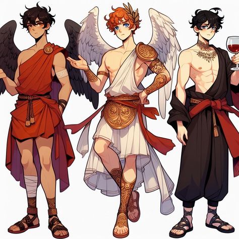 Apollo, Hermes and Dionysus from Greek Mythology Anime Greek Mythology, Anime Greek Gods, Greek God Aesthetic Outfit, Apollo Character Design, God Clothes Design Male, Dionysus X Apollo, Greek Clothes Male, Greek Mythology Outfits Male, Greek Mythology Character Design