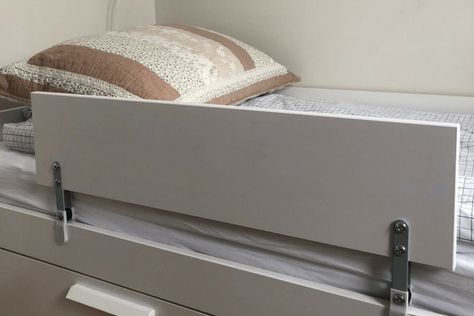 I made this IKEA hack because the VIKARE guard rail is too low to use in a kid bed with a little thicker mattress. It was super easy and so much cheaper than buying it from another store. I call it, “ARVID”, named after my son who easily fall down from the bed without a guard rail. Bed Railing Ideas, Ikea Kura Bed Rail, Vikare Ikea Bed, Camper Bunk Rail, Bunk Bed Rail Extender, Diy Guard Rail For Bed, Bed Rail For Camper Bunk, Camper Bunk Bed Rails, Diy Bed Rail Toddler