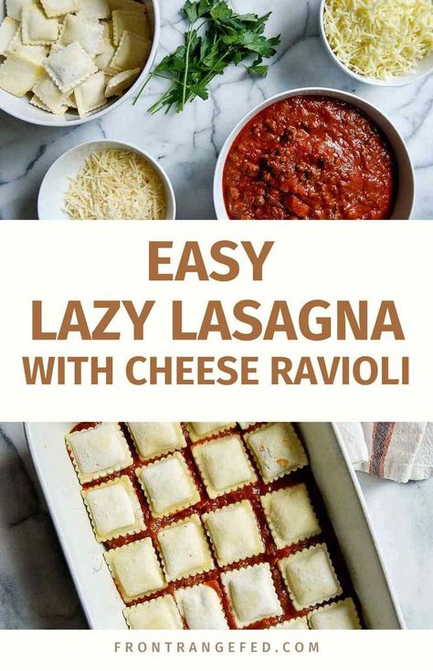 cheesy lazy lasagna using frozen ravioli Frozen Ravioli Lasagna, Ravioli Dinner Ideas, Lazy Crock Pot Lasagna, Cheese Ravioli Recipe, Lazy Lasagna Recipe, Baked Ravioli Recipe, Cheesy Lasagna, Crock Pot Lasagna Recipe, Baked Ravioli