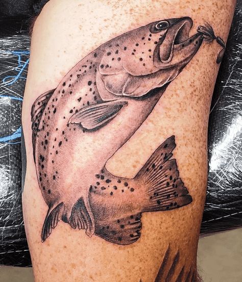 Trout Tattoo Design Ideas Images Fly Fishing Tattoo For Men, Trout Tattoos For Men, Trout Tattoo Design, Fishing Tattoo For Men, Redfish Tattoo, Fishing Tattoo Ideas, Tom Tattoo, Fisherman Tattoo, Salmon Tattoo