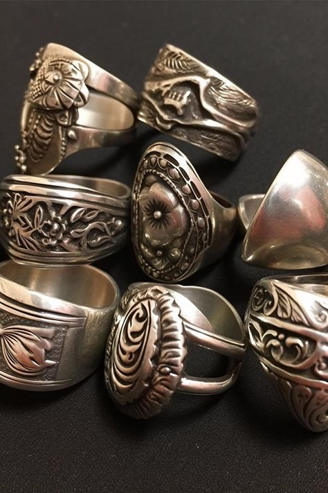 Recycled Silverware Crafts, Making Jewelry From Silverware, Fork Rings Silverware Jewelry, How To Make Spoon Rings Diy, How To Make A Spoon Ring, Making Spoon Rings, Cutlery Jewellery Ideas, Making Silver Jewelry, How To Make Spoon Rings