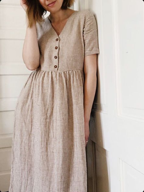 Pyne & Smith Mushroom check button up maxi length linen day dress with pockets. Made ethically in California.  #pocketdress #linendress #slowfashion #ethicallymade #summerdress Neutral Dress, Summer Linen Dresses, Full Length Dress, Vestidos Vintage, Versatile Dresses, Mode Inspiration, Linen Clothes, Linen Dresses, Day Dress